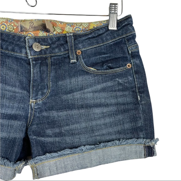 Paige Jimmy Jimmy Shorts Dark Wash Low Rise Raw Cuffed Hem Pre Faded & Feathered - Picture 4 of 11